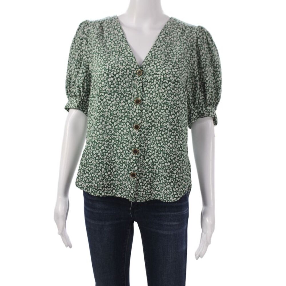 Veronica Beard Womens Silk Floral V-Neck Short Sleeve Blouse Green Size 4